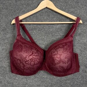 Cacique Plus Size 44DD T-Shirt Bra Maroon Floral Full Coverage Padded Underwire